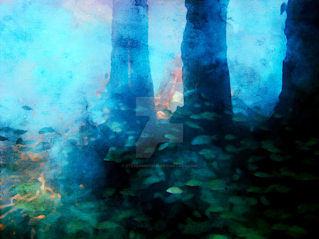 A school of fish weaving through the structural columns of a sunken ship's side, rendered in watercolor