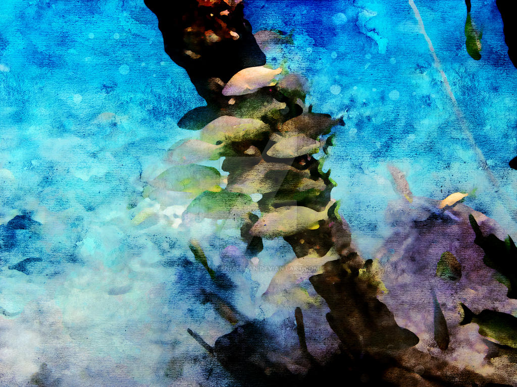 A shipwreck anchor being slowly encrusted by coral with fish swimming past, rendered in watercolor
