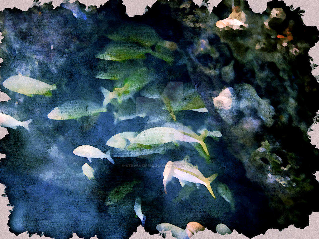 Fish flowing through a gap in a sunken hull like water through a hose, rendered in watercolor
