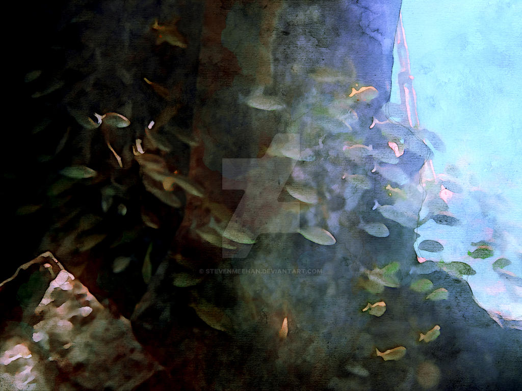 A school of fish hugging the edge of a sunken vessel's aft section, rendered in watercolor