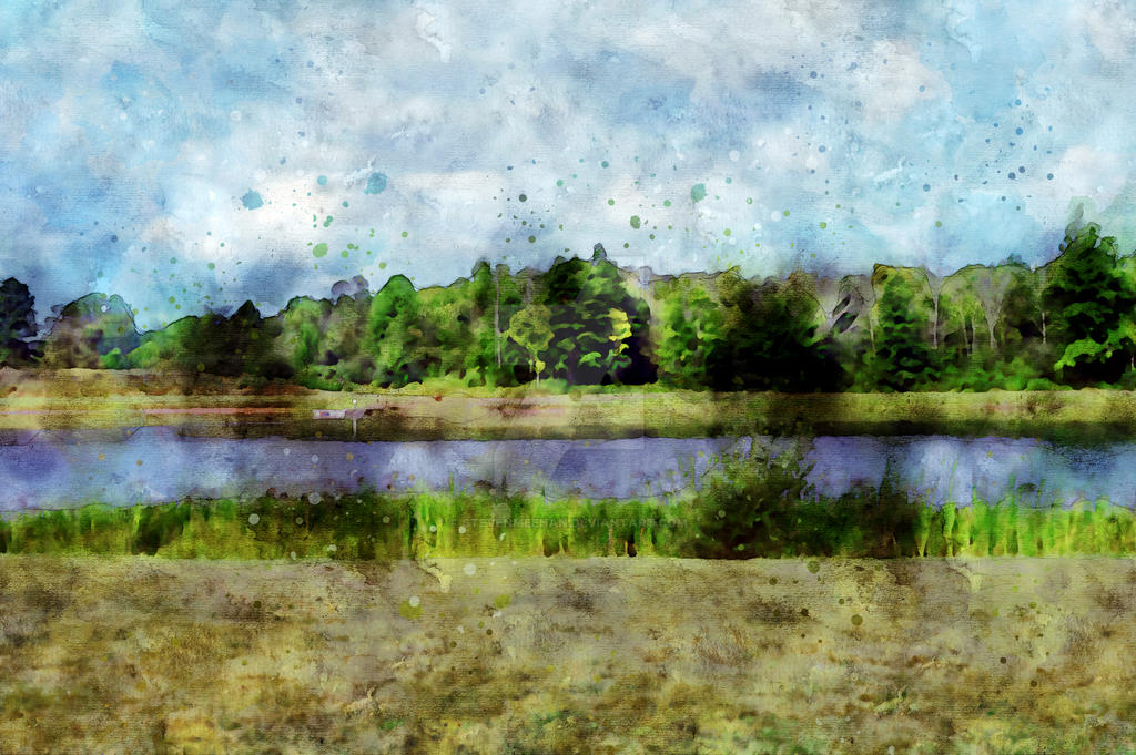 A peaceful campground pond reflecting cabins along a wooded shore, rendered in watercolor