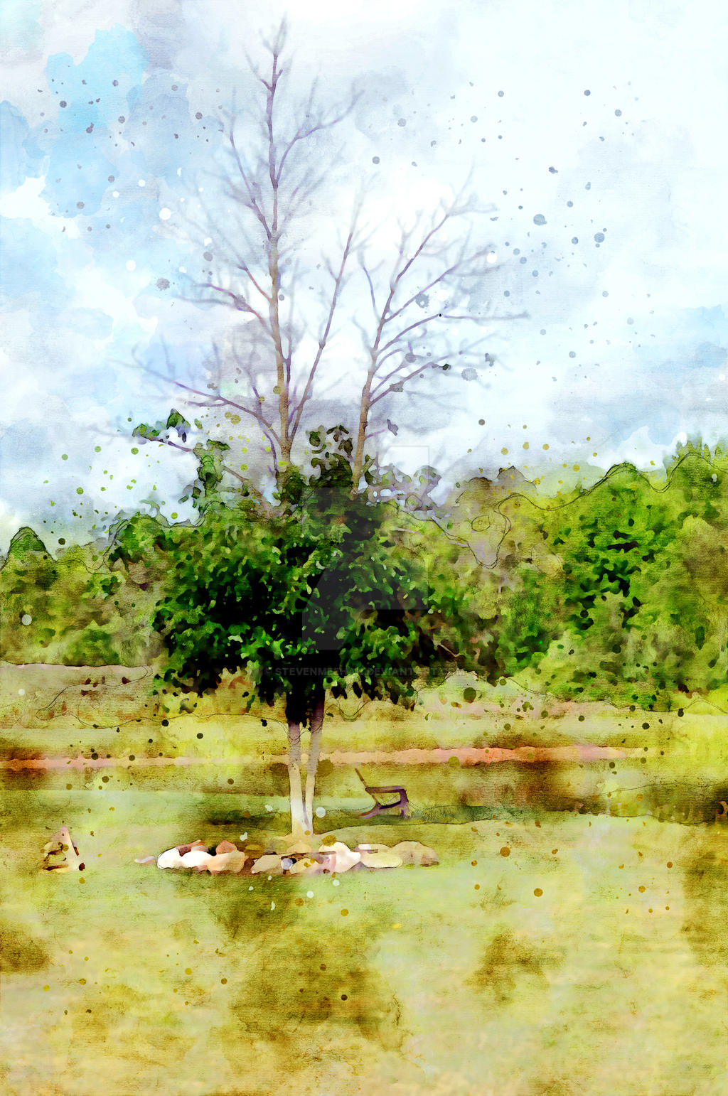 A lone chair under a tree's canopy overlooking a sun-dappled forest pond, rendered in watercolor