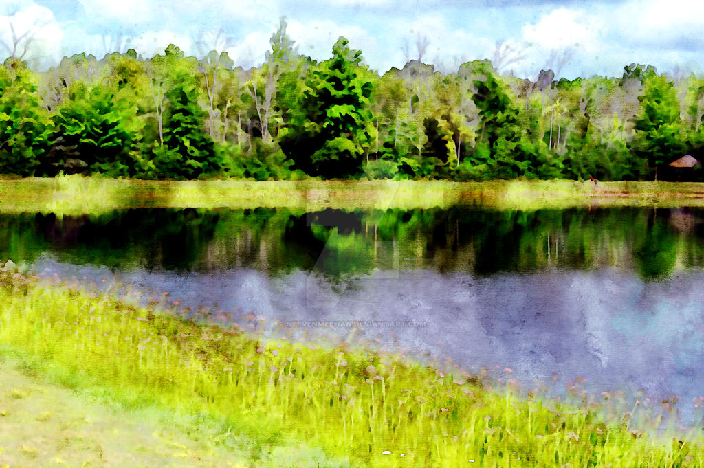 A still pond mirroring a wooded shoreline and cloud-scattered sky, rendered in watercolor