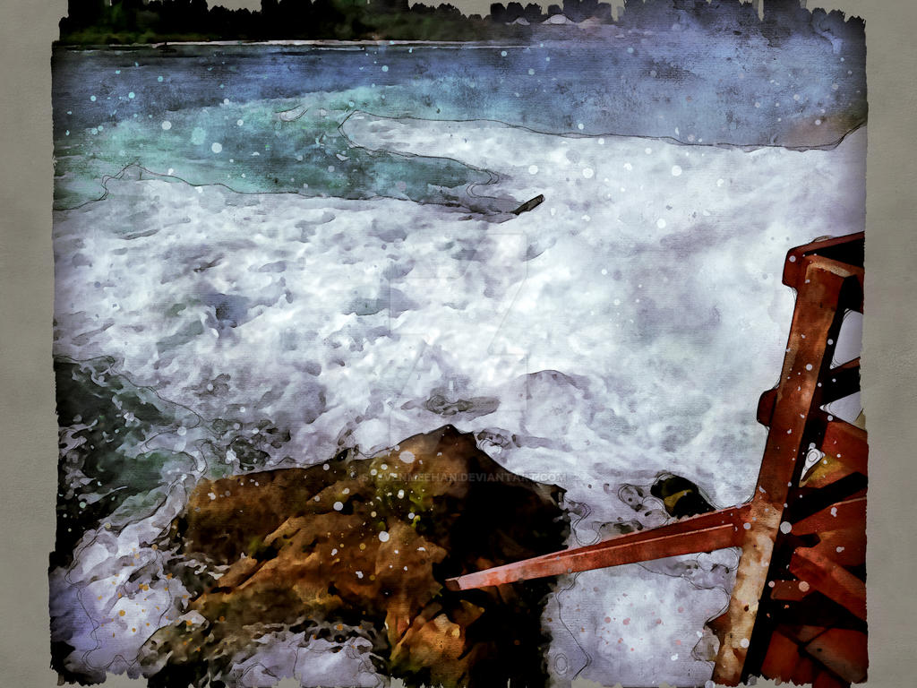 Churning whitewater swirling around stones beside a wooden catwalk, rendered in watercolor