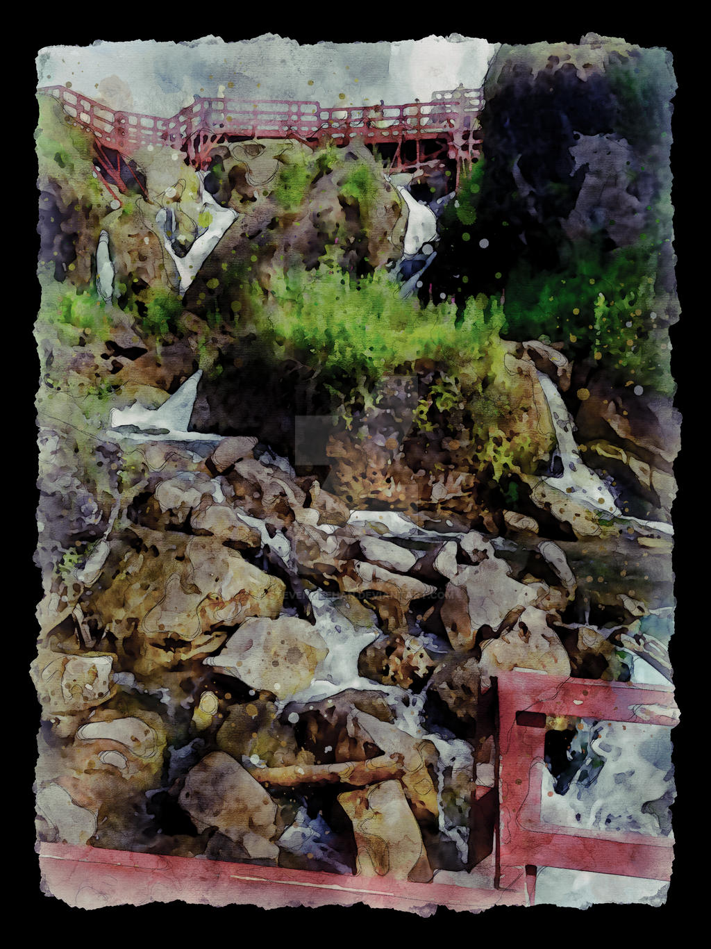 Miniature waterfalls cascading over a rocky surface laced with greenery, rendered in watercolor