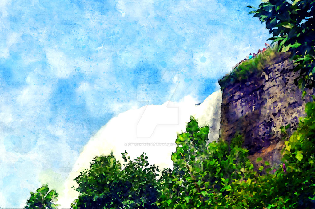 The first glimpse of cascading falls appearing above the treetops along a catwalk trail, rendered in watercolor