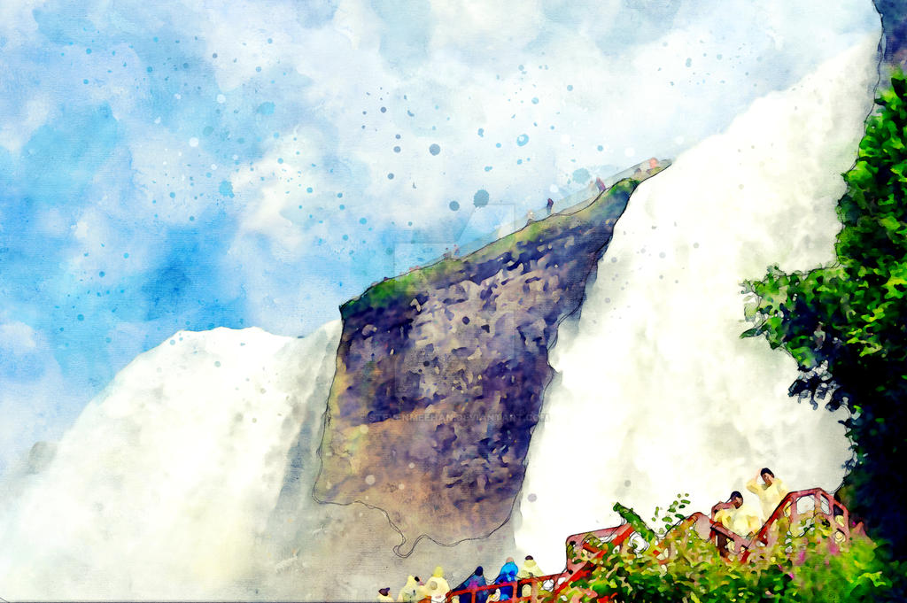 Two sections of a massive waterfall cascading side by side seen from a nearby observation point, rendered in watercolor