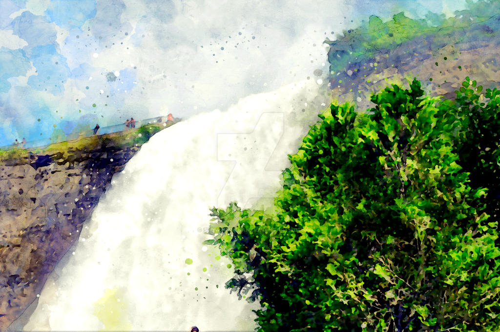 Cascading falls tumbling past a vibrant patch of foliage, rendered in watercolor