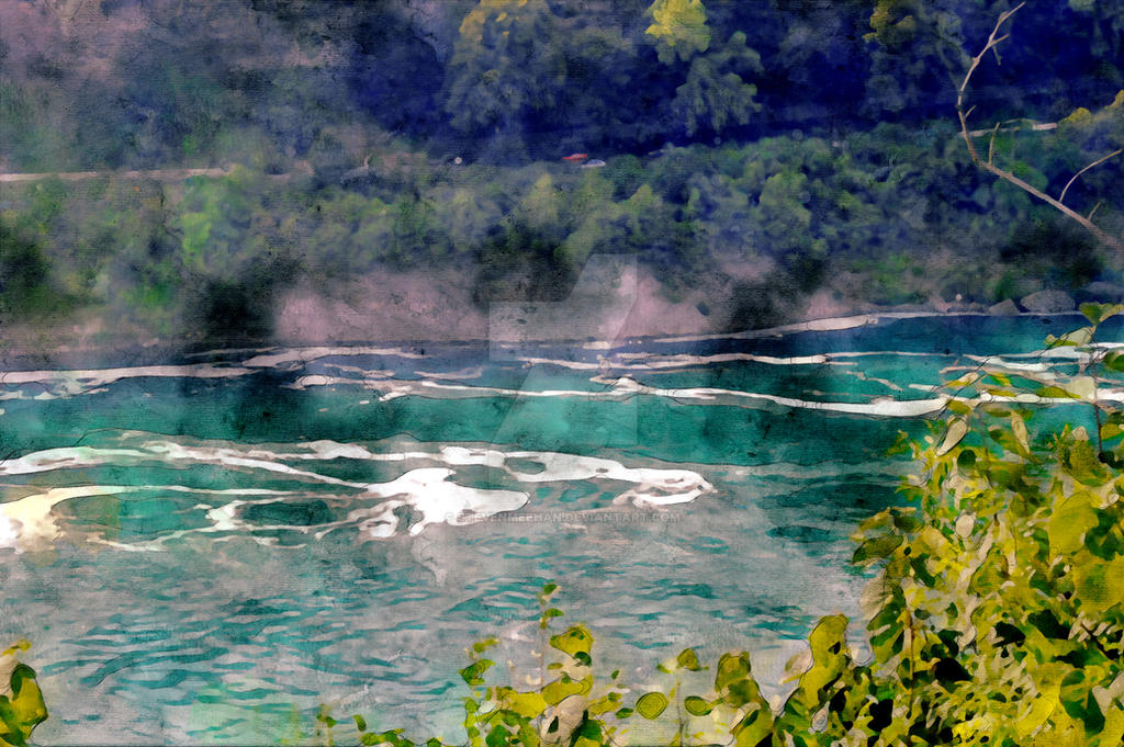 A river downstream from the falls still tinged with whitewater, rendered in watercolor