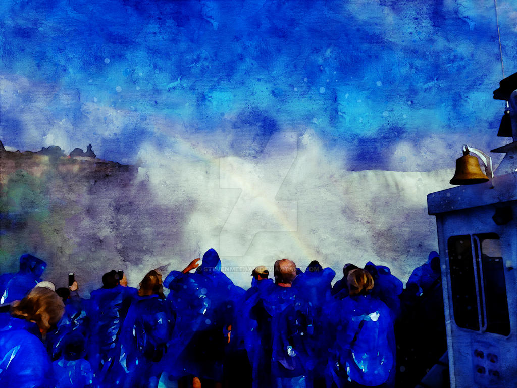 A faint rainbow arcing above the waterfall edge seen from a boat tour, rendered in watercolor