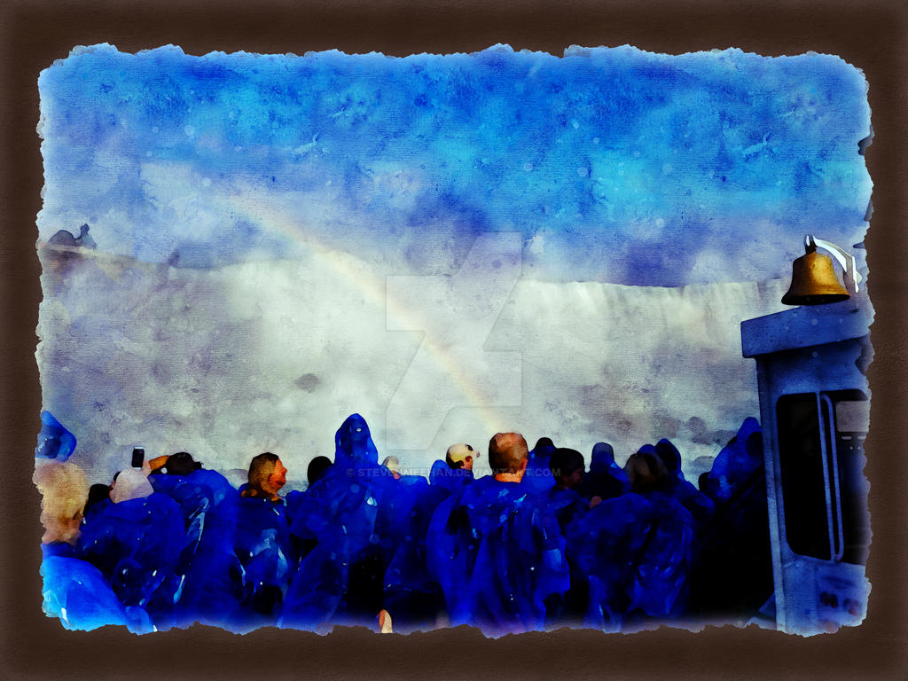 A rainbow forming in the fine mist billowing from the base of a waterfall, rendered in watercolor