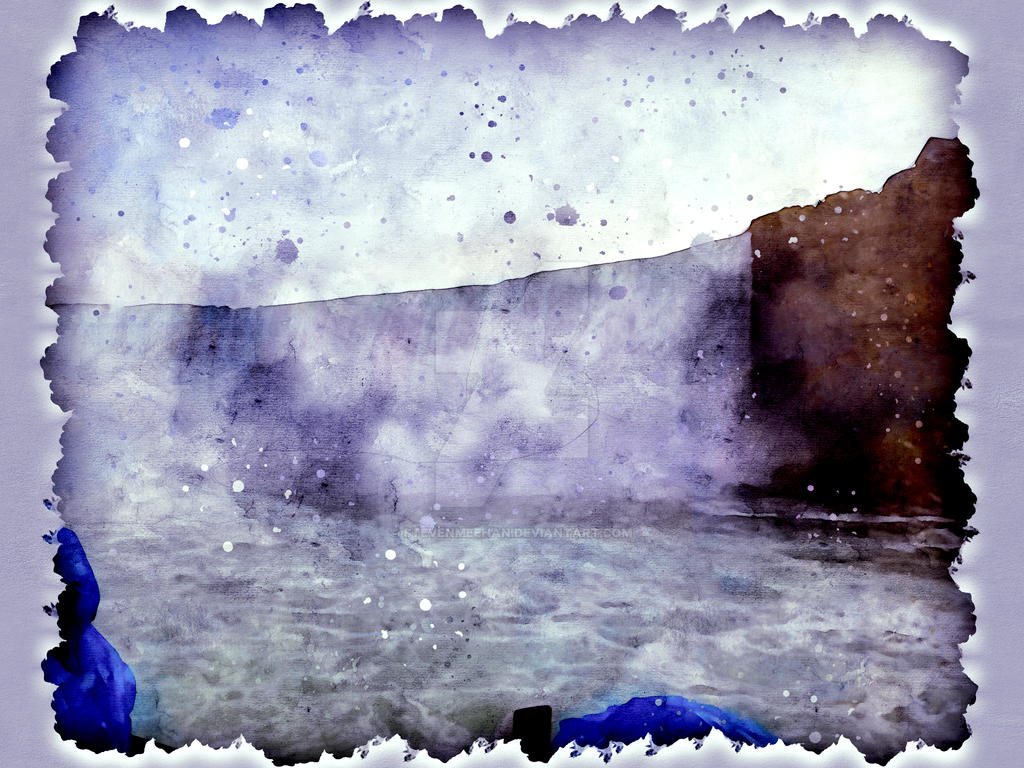 The full curtain of a massive waterfall viewed up close from a tour boat in thickening mist, rendered in watercolor