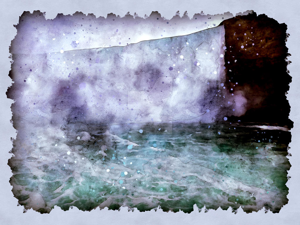 The waterfall viewed at water level from a tour boat, obscured by billowing mist, rendered in watercolor