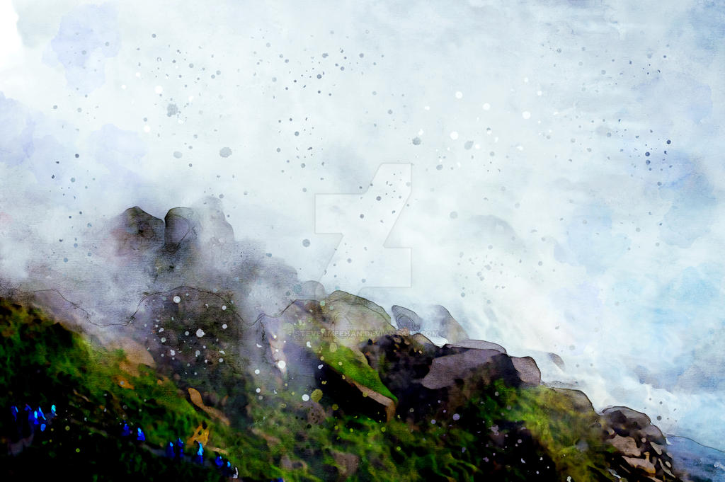 Boulders emerging from the mist and whitewater at the base of a great waterfall, rendered in watercolor