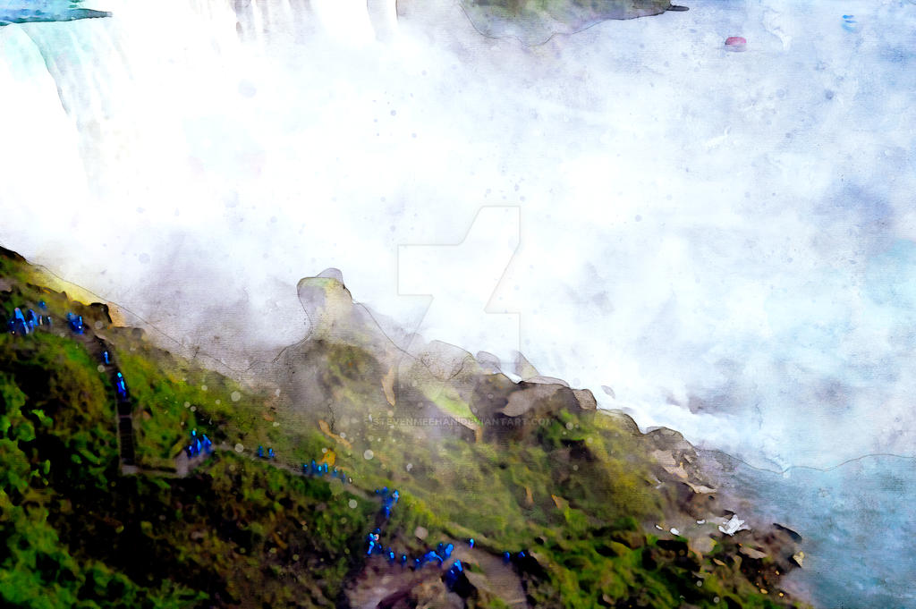 Visitors in blue rain ponchos climbing stairs through the mist at the base of the falls, rendered in watercolor