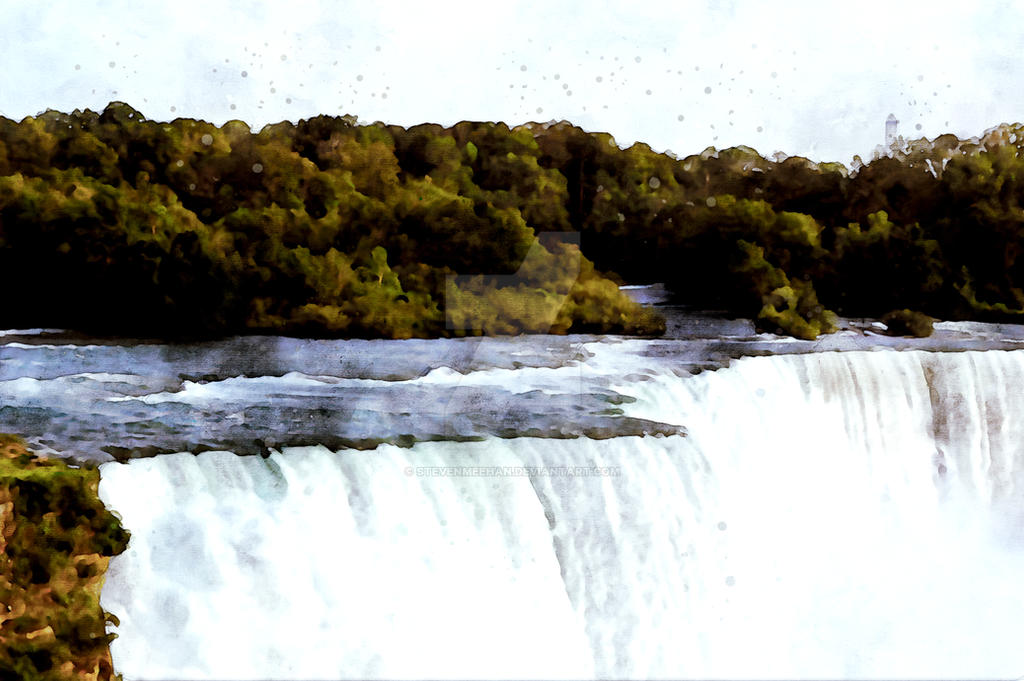 Crystal clear water at the very edge of the falls before it transforms into whitewater and leaps into the void, rendered in watercolor