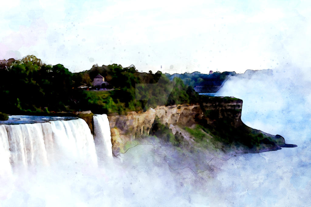 Two spouts of water rushing off the cliff while a massive bloom of mist erupts from the falls beyond, rendered in watercolor