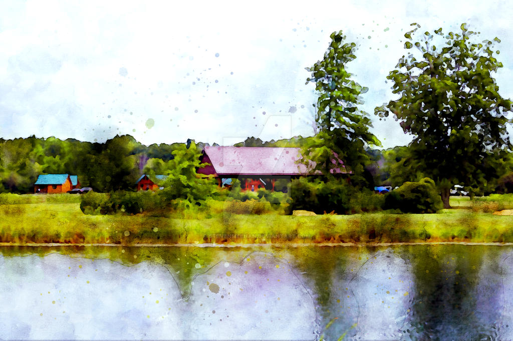 Lakeside resort structures reflected in crystal-clear water surrounded by forest, rendered in watercolor