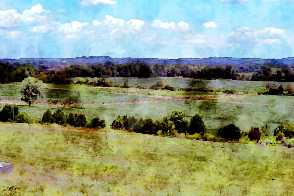 Rolling grass, scattered trees, and a wooden fence stretch across a hilltop panorama under wide white clouds, rendered in watercolor.