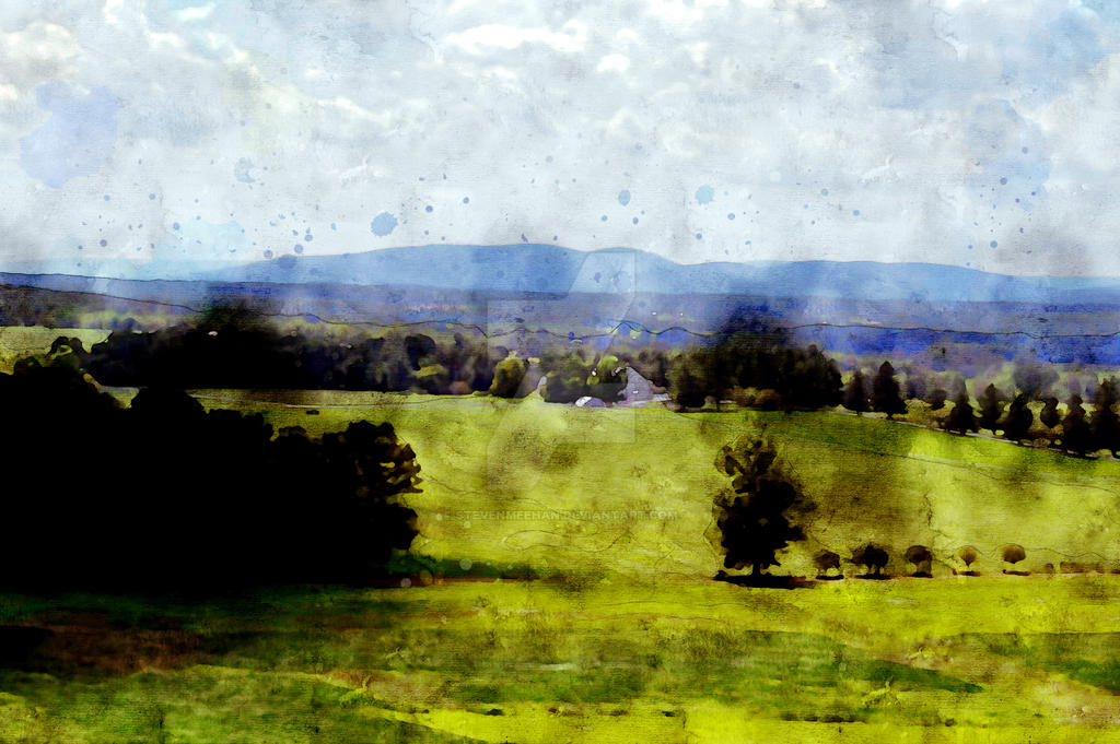 A cluster of trees curves in an unlikely procession across a sun-lit field, rendered in watercolor.