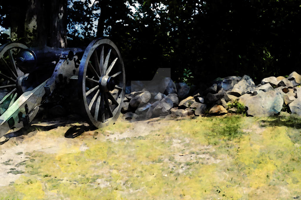A quiet row of antique cannons rests in an open field on historic grounds, rendered in watercolor.