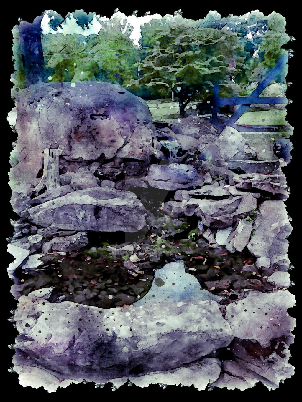 A small waterfall tumbles into a stone basin at a campground entrance, rendered in watercolor.