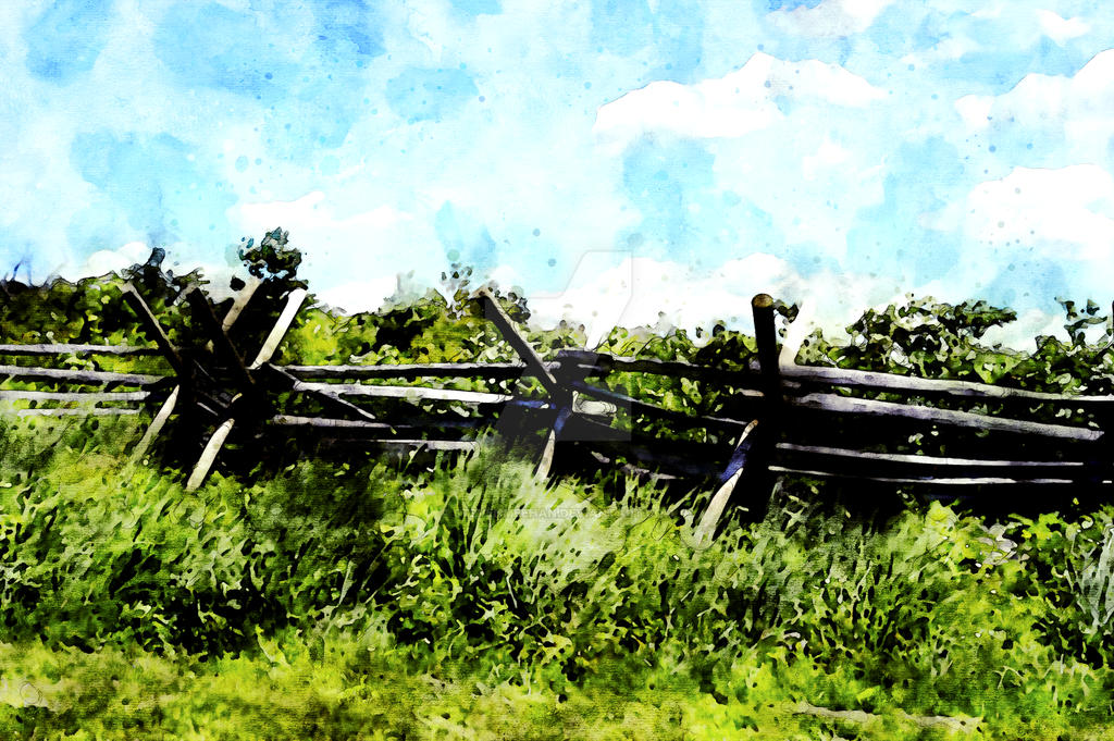 A worm fence winds through tall encroaching grass beneath a wide open sky on rolling battlefield grounds, rendered in watercolor.
