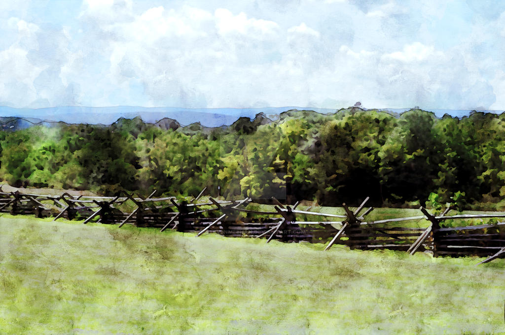 A row of worm fences stretches across open terrain on historic battlefield grounds, rendered in watercolor.
