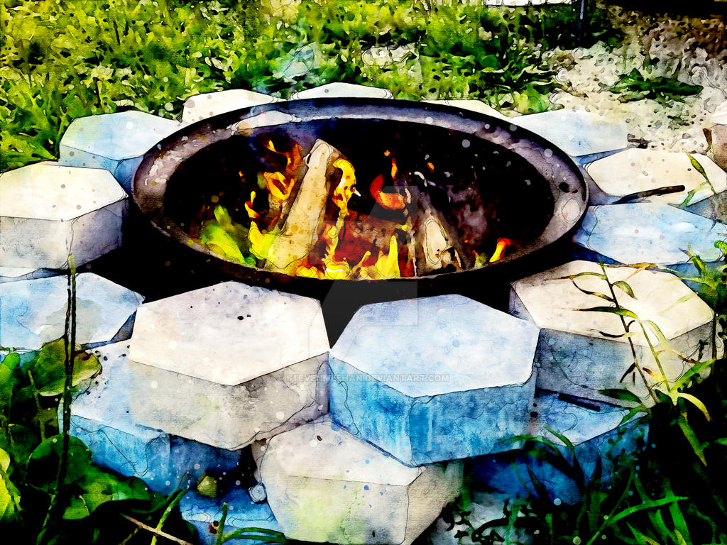 Tongues of colored flame rise from a campfire treated with special additives, filling the frame with an unusual glow, rendered in watercolor.