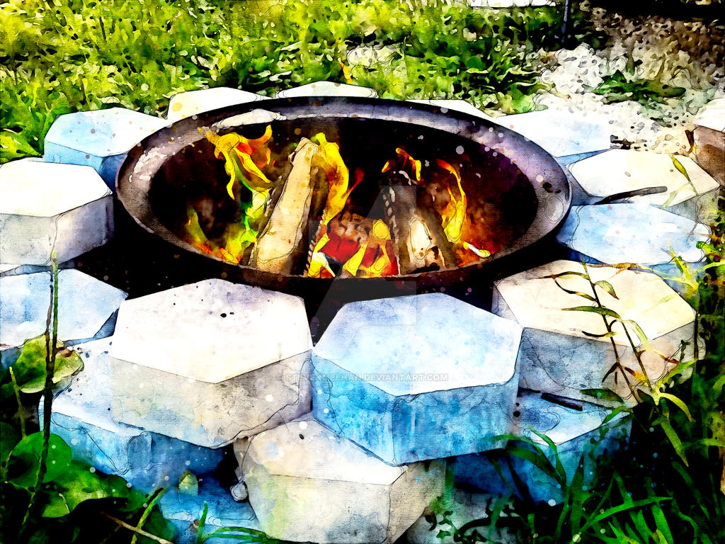 A campfire burns vivid green, its colored flames captured mid-flicker in the evening air, rendered in watercolor.