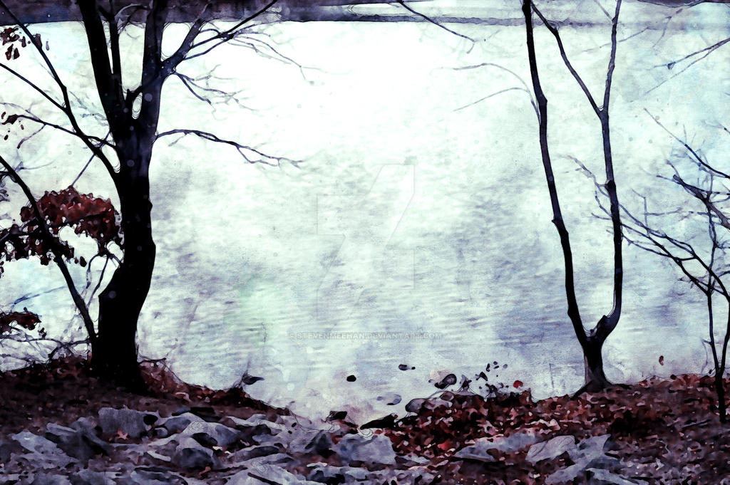 Smooth stones cluster at the water's edge, the lake surface catching the light behind them, rendered in watercolor.