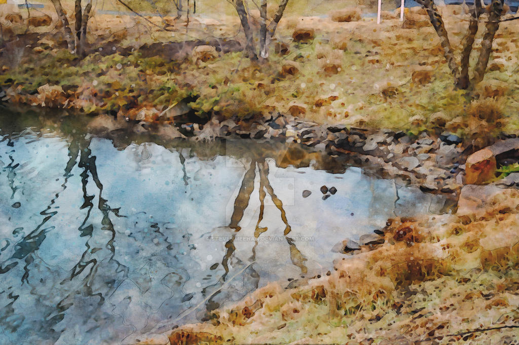 The water surface bends and distorts the world above it into something almost abstract, rendered in watercolor.