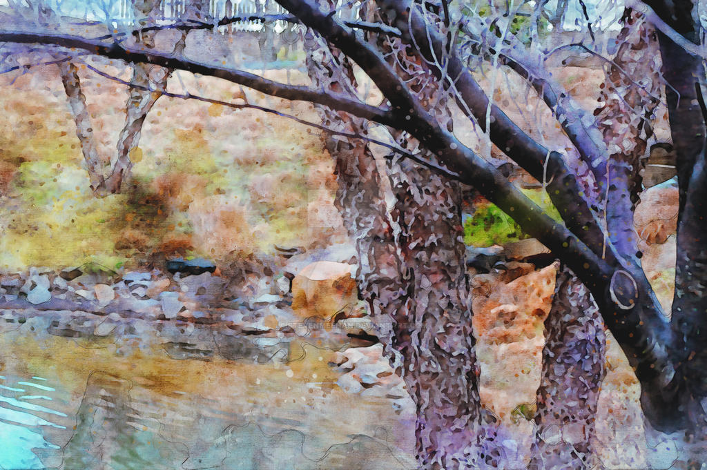 The rough, layered texture of tree bark fills the frame with pattern and depth, rendered in watercolor.
