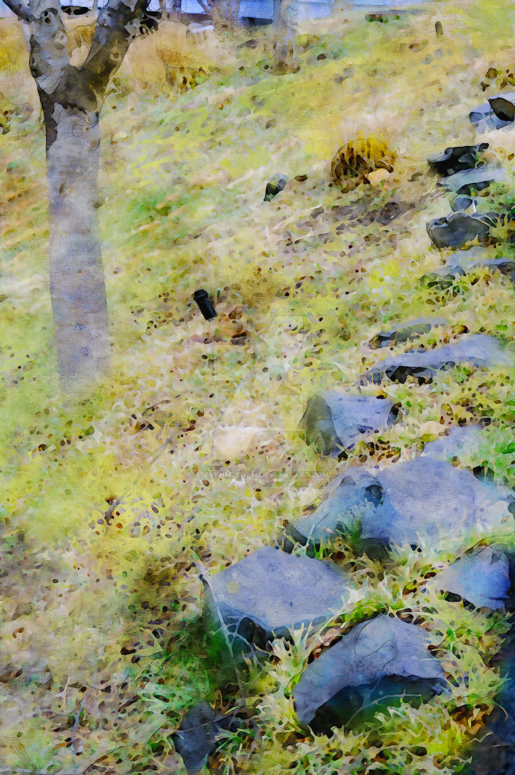 A narrow stone pathway disappears into the trees, each step worn smooth by use, rendered in watercolor.