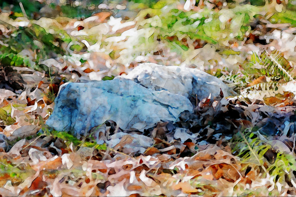 A massive tree roots itself at the forest's heart, its trunk too wide to wrap around, rendered in watercolor.