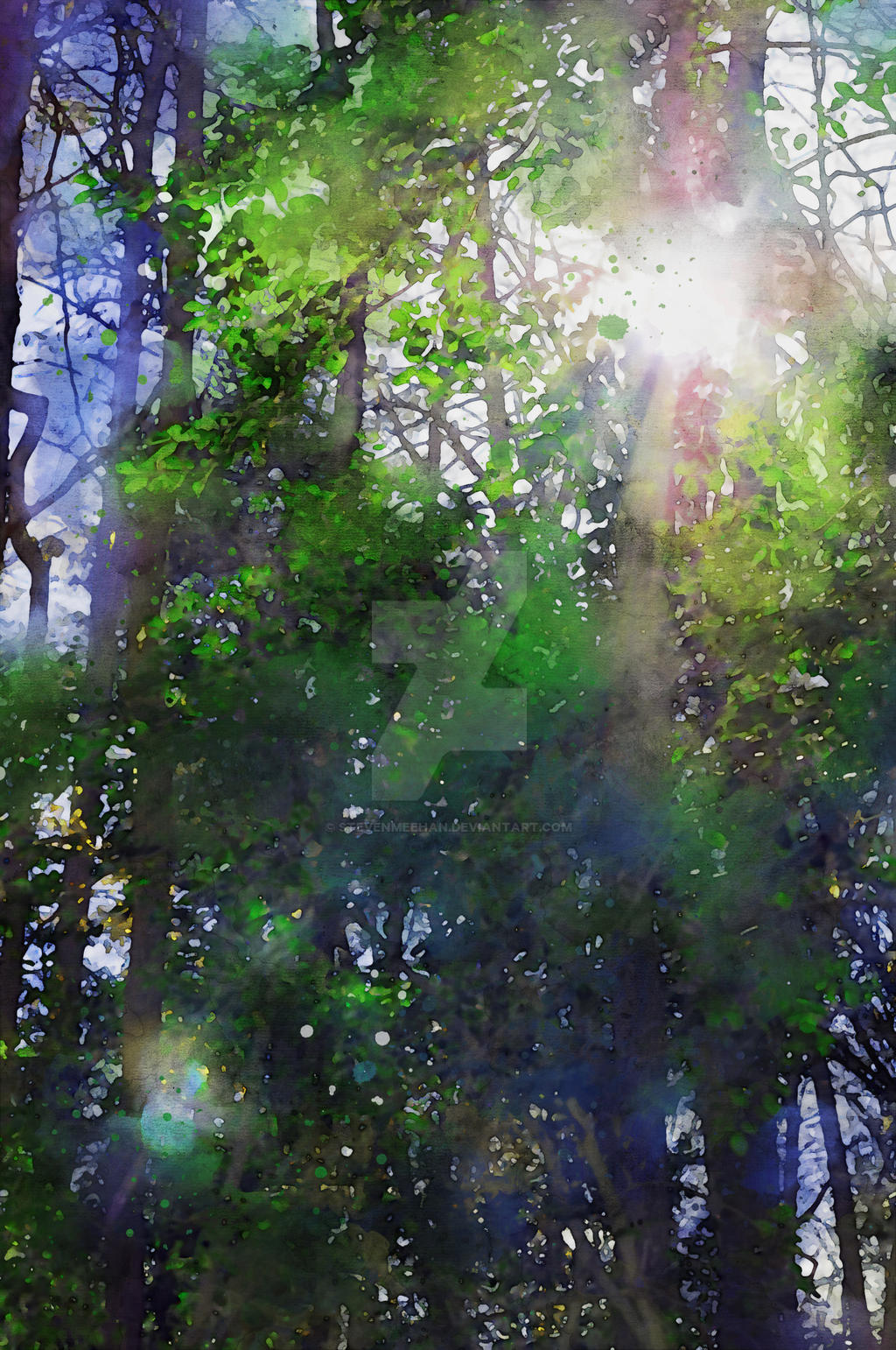 Light radiates through a gap in the canopy, flooding the scene with warmth and dissolving the details around it, rendered in watercolor.