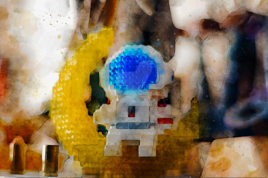 A small spaceman figure perched on a glowing crescent moon, photographed with selective focus against a blurred background, rendered in watercolor.
