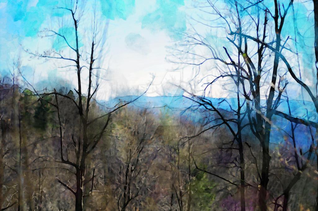 A ridge of rolling peaks recedes into the distance beneath a wide expanse of sky, rendered in watercolor.