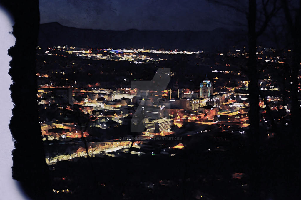 An evening cityscape spreads across the frame, building lights beginning to glow against a fading sky, rendered in watercolor.