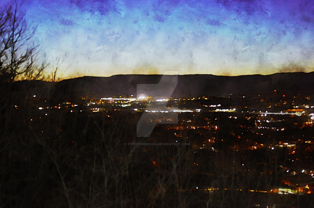 The city at dusk, its outline softened by fading light and the glow of streetlamps below, rendered in watercolor.