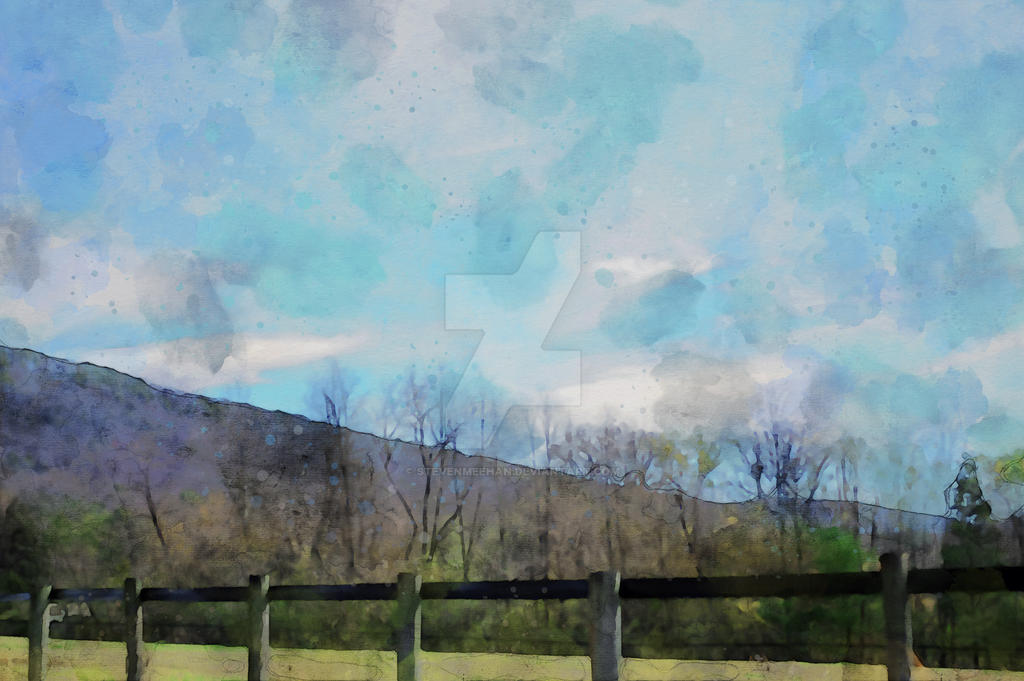 Rolling hills stretch beneath a shifting ceiling of clouds, light breaking through in uneven patches, rendered in watercolor.