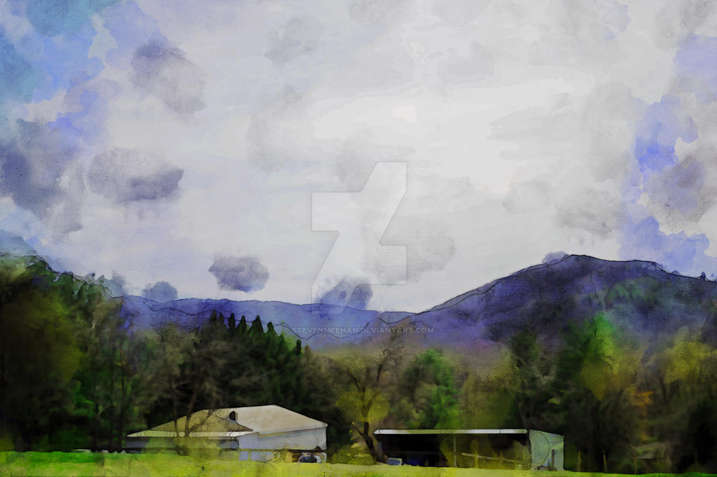 Mountain peaks climb from the treeline, their ridges sharp against a pale sky, rendered in watercolor.