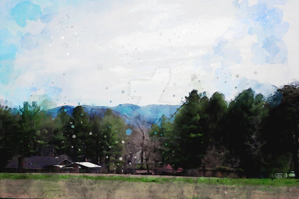 A rural landscape unfolds with peaks in the distance, fields and roads dividing the space between, rendered in watercolor.