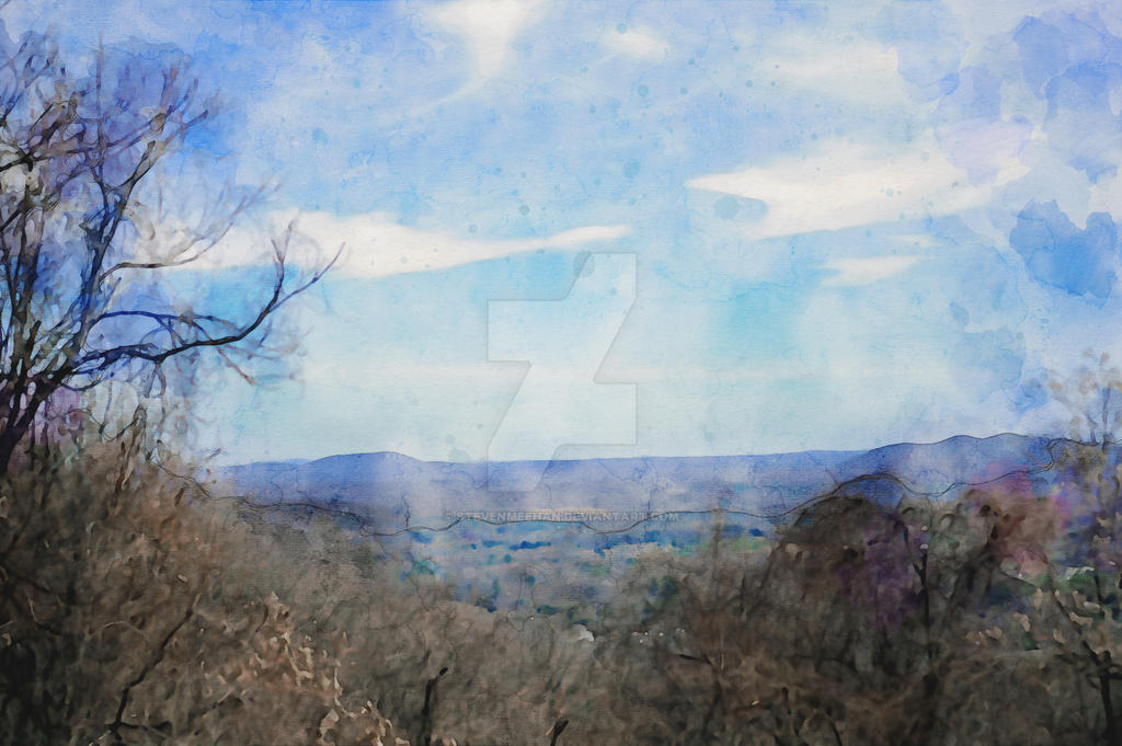 The peaks from a greater distance, their ridgeline softened against the horizon, rendered in watercolor.