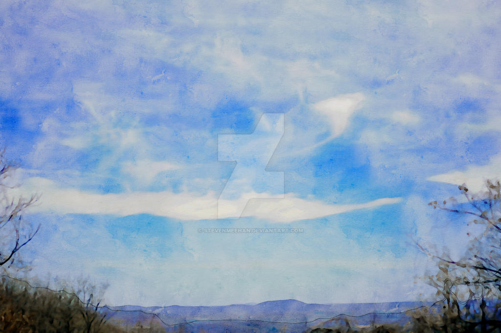 A band of clouds winds across the sky in a long sinuous line above the hills below, rendered in watercolor.