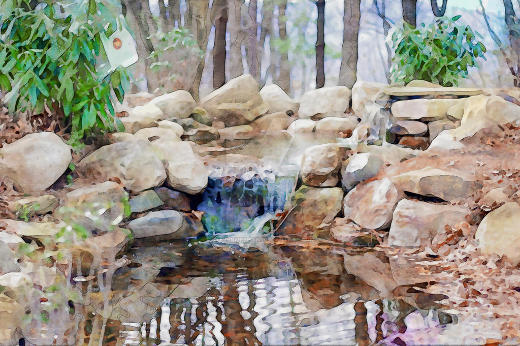 Two water drops rest on a surface, their forms magnifying the world behind them in miniature, rendered in watercolor.