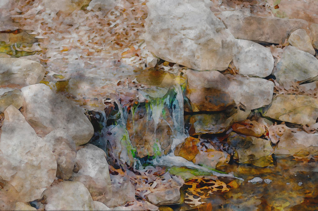 A scattering of fallen leaves drifts along the current, their colors bright against the moving water, rendered in watercolor.
