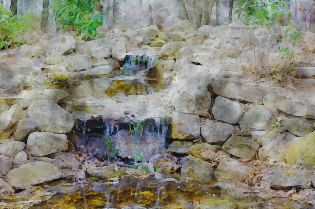 Two waterfalls captured from an alternate angle, autumn leaves falling into the upper pool and breaking up the curtains of water, rendered in watercolor.