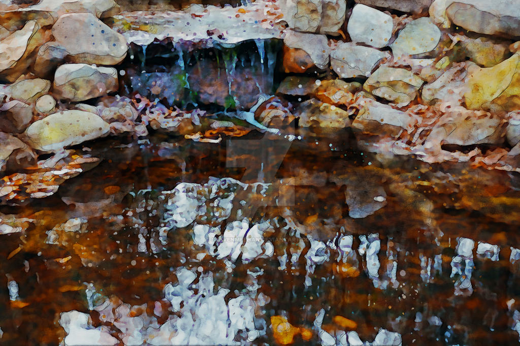 Leaves swirl in a loose cluster, carried by wind or water into a slow circular motion, rendered in watercolor.