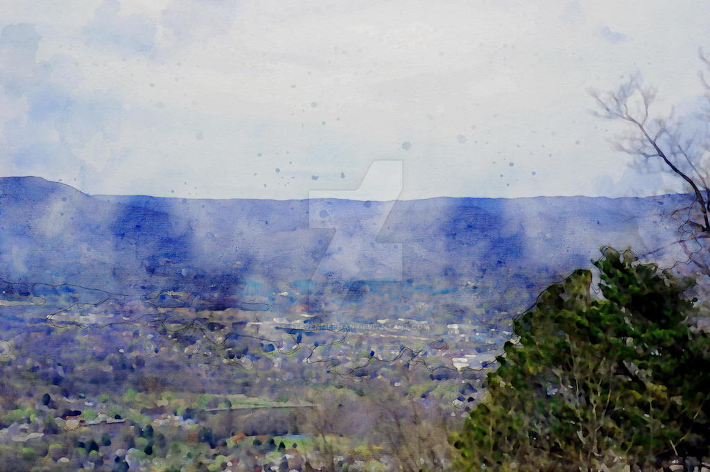 A city skyline nestled between hills, held in the landscape as if cradled by the land itself, rendered in watercolor.